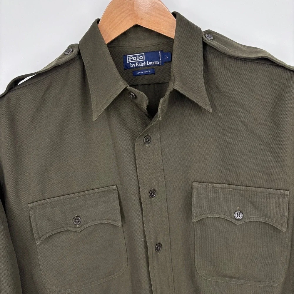 Vtg Polo Ralph Lauren Wool Field Shirt Mens L Olive Epaulettes Military Safari